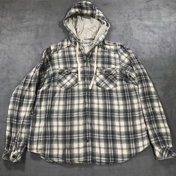 Columbia Womens XL Plaid Hooded Button Down Long Sleeve Shirt Top Hoodie Jacket - Picture 1 of 11